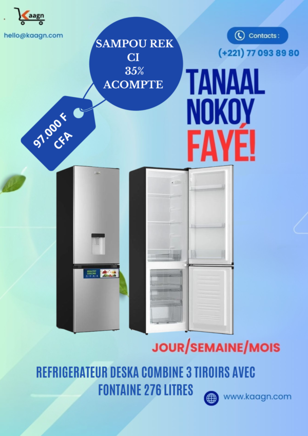 Réfrigérateur Deska combiné 3 tiroirs avec Fontaine 276 Litres