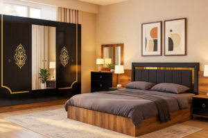 CHAMBRE A COUCHER 6 BATTANTS 5 PIECES NOIR DORE HERMES